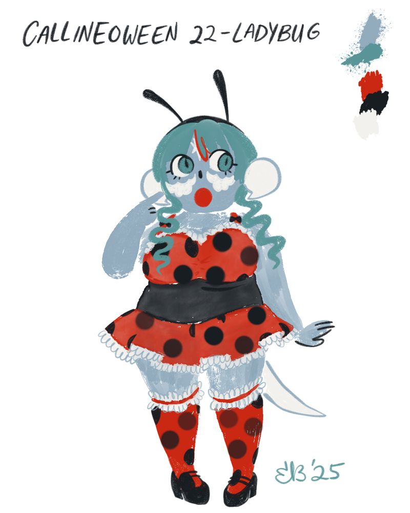 A blue au ra wearing a ladybug costume (one of those 2000s Halloween catalogue dresses in red with black spots)
