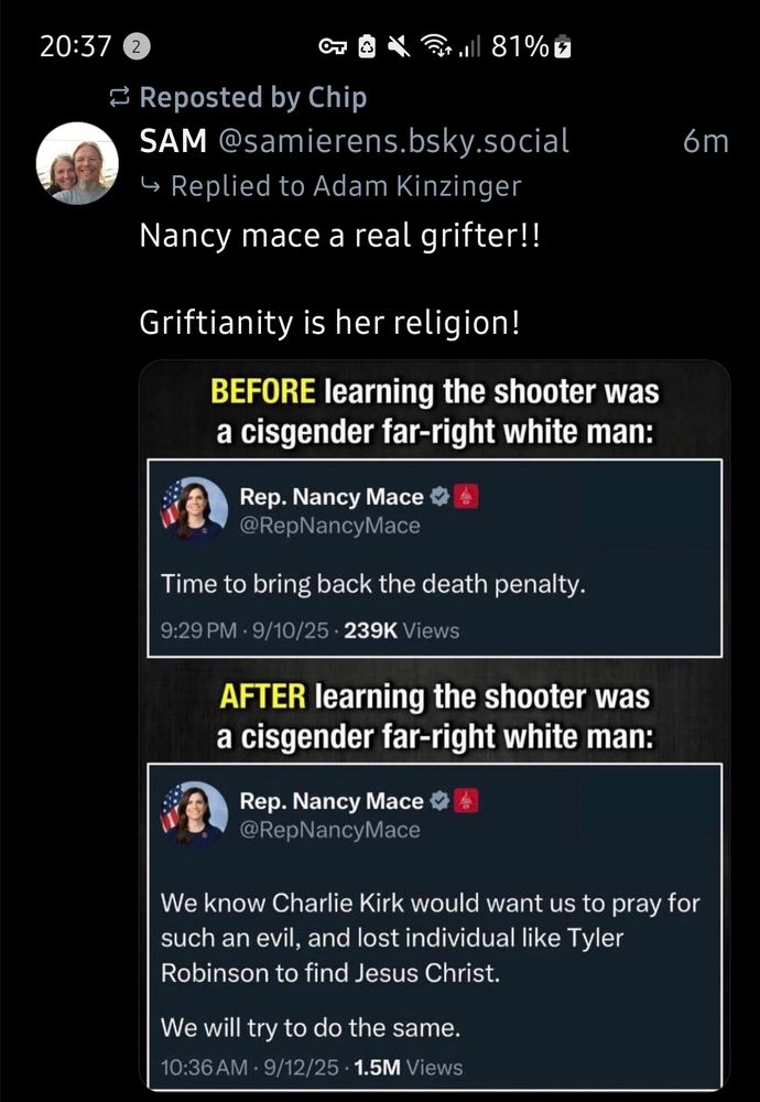 Two posts from Nancy Mace, one before the identity of the killer was known, reading "Time to bring back the death penalty" and one after, reading "We know Charlie Kirk would want us to pray for such an evil, and lost individual like Tyler Robinson to find Jesus Christ. We will try to do the same."