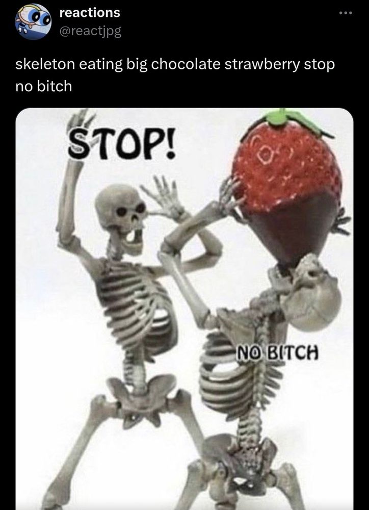Skeleton eating big chocolate strawberry stop no bitch