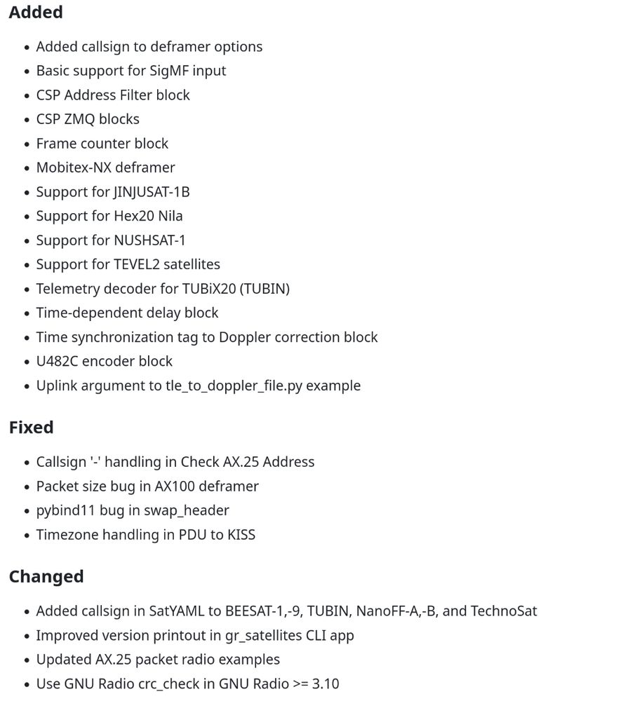 The changelog of the release:

Added

    Added callsign to deframer options
    Basic support for SigMF input
    CSP Address Filter block
    CSP ZMQ blocks
    Frame counter block
    Mobitex-NX deframer
    Support for JINJUSAT-1B
    Support for Hex20 Nila
    Support for NUSHSAT-1
    Support for TEVEL2 satellites
    Telemetry decoder for TUBiX20 (TUBIN)
    Time-dependent delay block
    Time synchronization tag to Doppler correction block
    U482C encoder block
    Uplink argument to tle_to_doppler_file.py example

Fixed

    Callsign '-' handling in Check AX.25 Address
    Packet size bug in AX100 deframer
    pybind11 bug in swap_header
    Timezone handling in PDU to KISS

Changed

    Added callsign in SatYAML to BEESAT-1,-9, TUBIN, NanoFF-A,-B, and TechnoSat
    Improved version printout in gr_satellites CLI app
    Updated AX.25 packet radio examples
    Use GNU Radio crc_check in GNU Radio >= 3.10