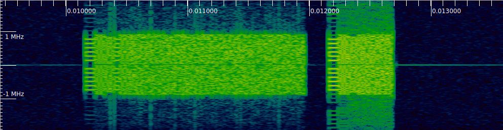 A waterfall of the IQ recording showing two packets from different transmitters. The modulation is OFDM, and preambles causing spectral lines can be seen at the beginning of the packets, and also a few symbols after the start of the first packet.