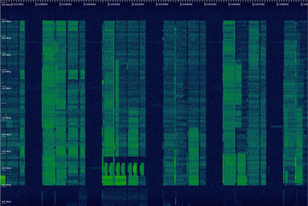 An inspectrum waterfall that shows a 100 MHz 5G cell that is rather busy. We can see 7 SSB repetitions, and mostly empty uplink slots, since this is a TDD band.