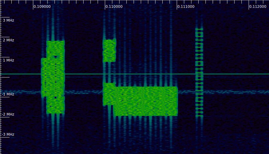 A waterfall of a 5G downlink signal. We can see the PBCH/SS block on the left, then a PDCCH transmission split into two segments in frequency, a PDSCH transmission immediately afterwards (which is the SIB1), and finally a CSI-RS which is sparse in frequency.