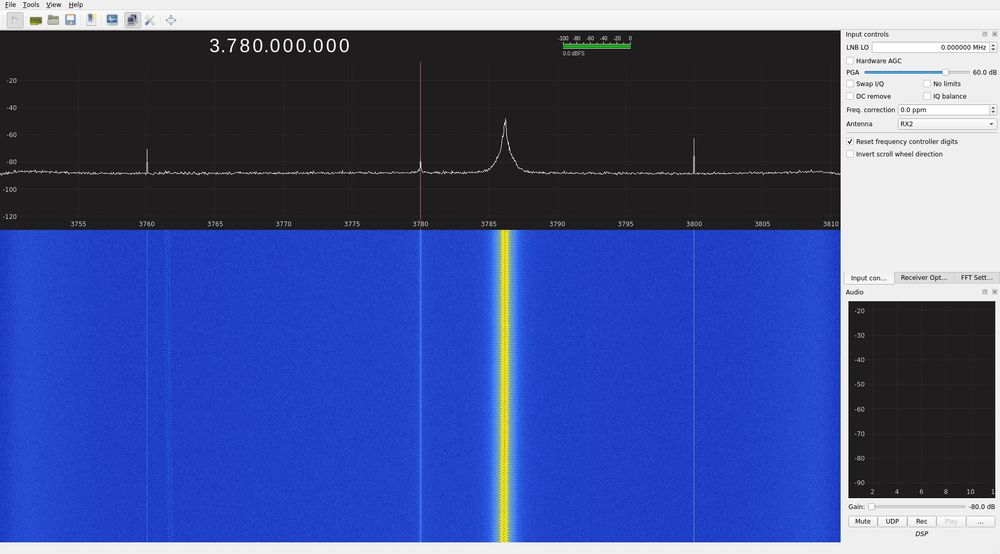 A screenshot of GQRX showing a signal at 3.786 GHz with significant phase noise. This is the output of the VCO without the PLL being configured.