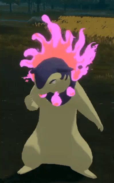 a cartoon character with pink flames coming out of his head