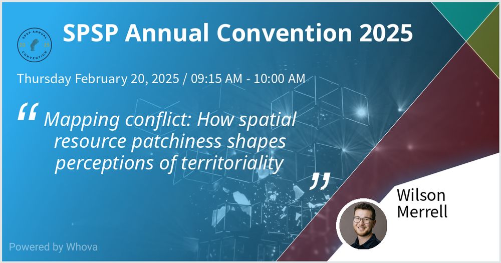 Presentation title, time, and location. Mapping conflict: How spatial resource patchiness shapes perceptions of territoriality. Thursday 20 February 2025, 9:15 - 10:00. Blueburd ballroom