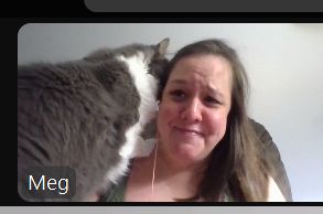 Zoom window of a woman with long brown hair, smiling and chagrined, as a large grey and white cat sits on her shoulder and chdews on her ear.

It says "Meg" in the bottom right hand corner.