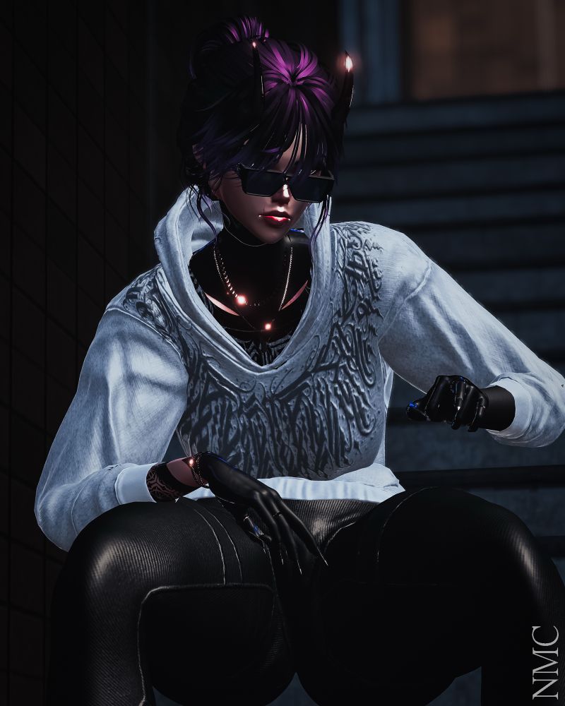 Avatar by Kuso

Vrchat Avatar with purple highlighted black hair, metallic horns, and blackout hand tattoos sits on concrete stairs. She is wearing dark sunglasses, a layered white hoodie over a black outfit, and black leggings with a glossy finish. Lighting accents their hair and accessories, giving small lenseflares. She is raising her hand to get a fist bump. The background is dim, with tiled walls and soft shadows.