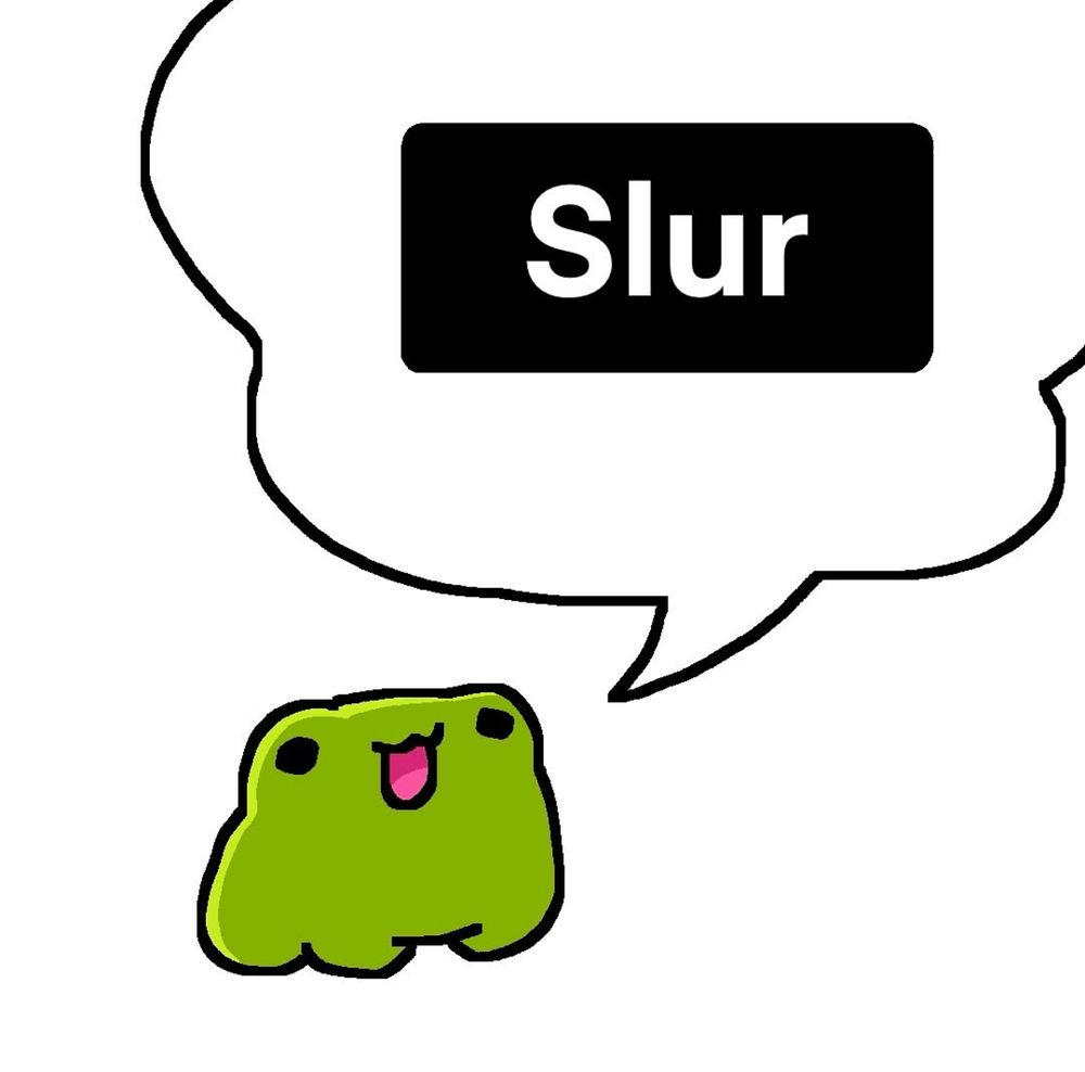 Little happy cartoon frog with a speech bubble containing the word “slur”.