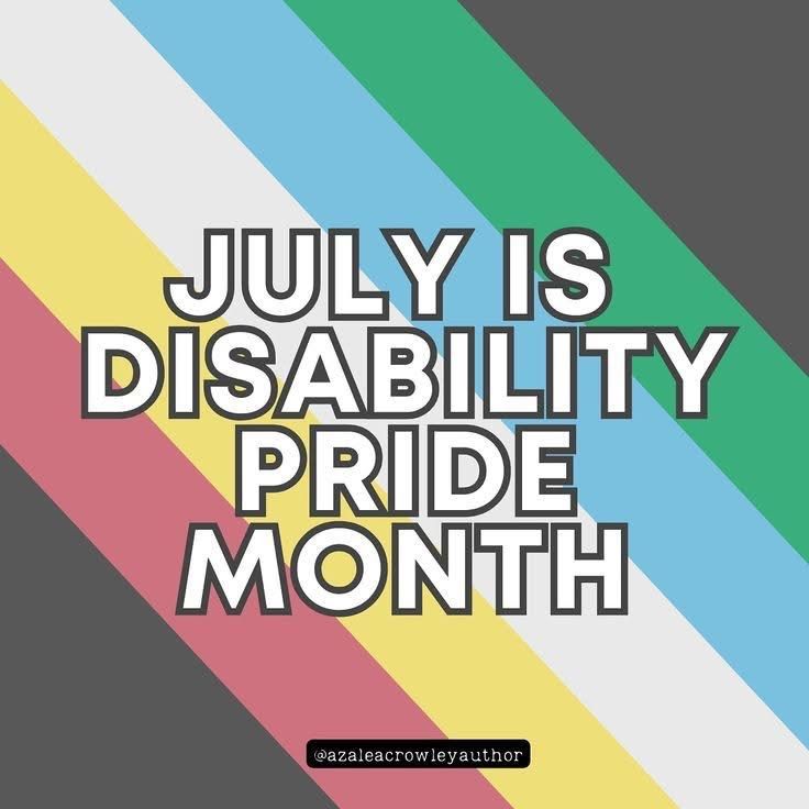 July is disability pride month! Pictured are the disability pride colors similar to the traditional pride flag only the colors are more muted and are slanted on a diagonal.