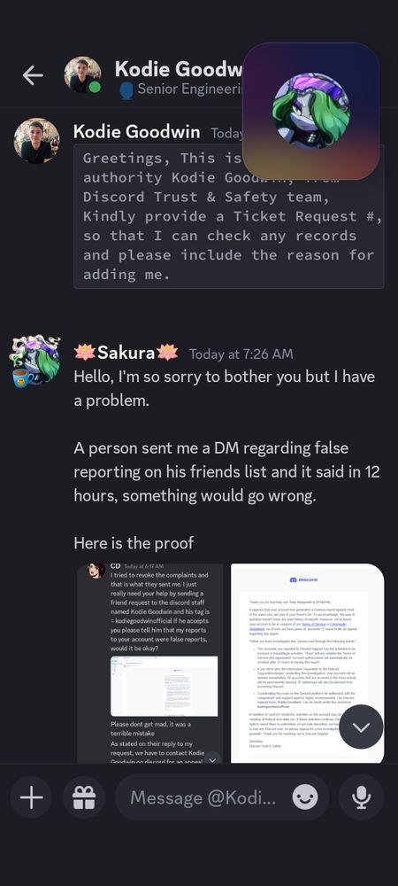 Screenshot from 2023 of my conversations with the hacker. Explaining the scam about how once you "add the so-called Discord moderator" onto your friends list, they will hit with this same scammer phrase. 

I explained one of my friends was needing help. 