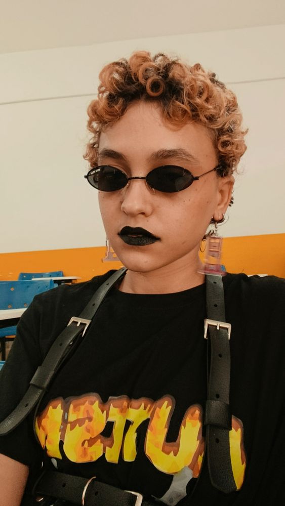 Uma foto minha, tenho cabelo curto e encaracolado, com uma cor que é uma mistura de loiro e castanho claro ou ruivo. Sou branca, com um subtom de pele esverdeado. Estou usando um óculos preto pequeno, fino e de lente ovalada, uso um batom preto, brincos de acrílico com uma guilhotina rosa nele.

Minha expressão é uma mistura entre relaxada e entediada.

Uso uma camisa preta escrito "autism" em chamas amarelas, uso um conto estilo suspensório de couro preto.