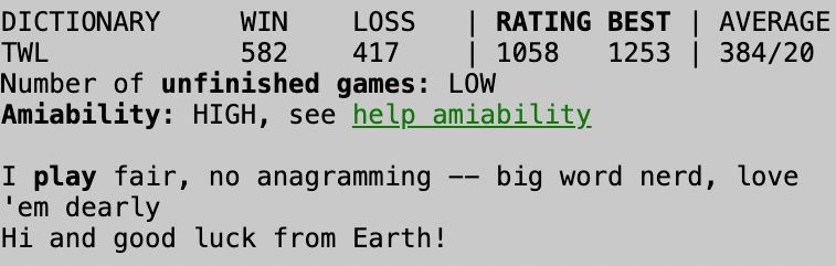 stats for my scrabble profile on wordbiz, handle wharved