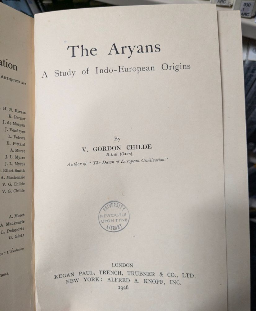 Frontice piece of a book by V. Gordon Childe called The Aryans dated 1926