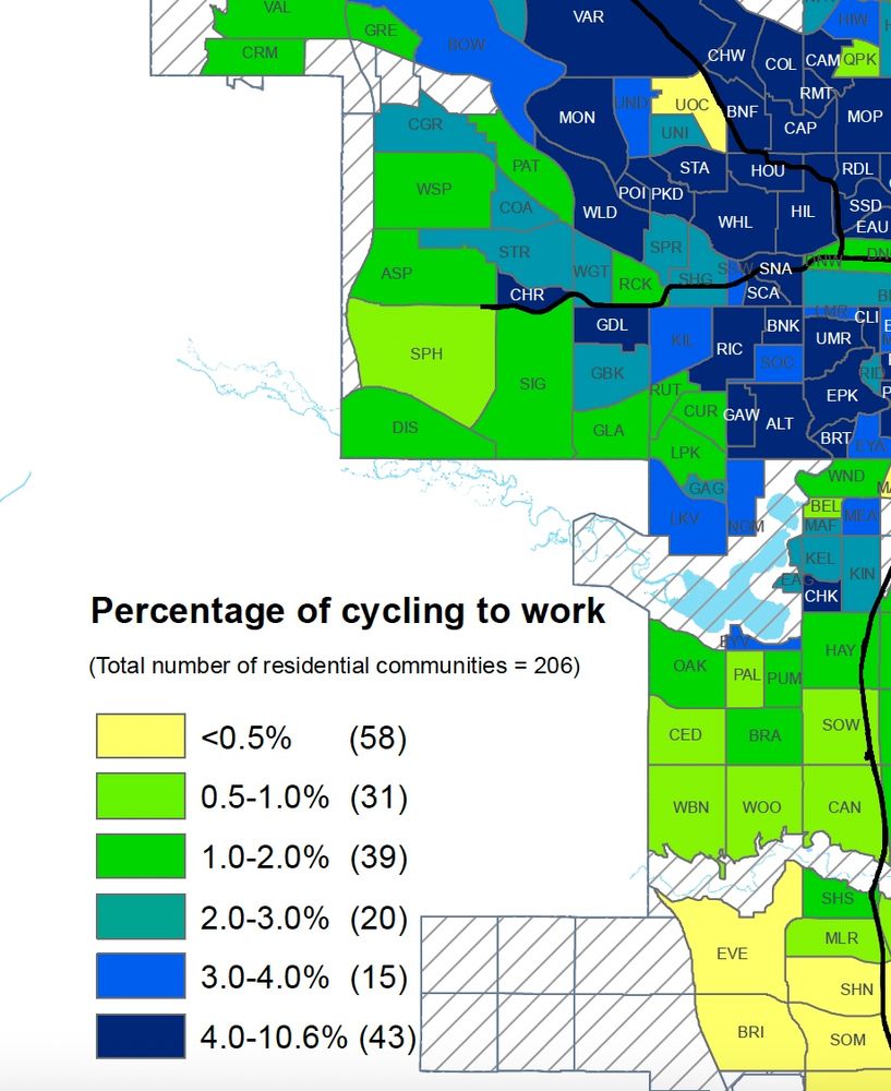map showing the percent of people that cycle to work by neighbourhood in Calgary. For the area around Marda Loop the percentages are 4-10.6% and maybe(?) one in the 3-4%