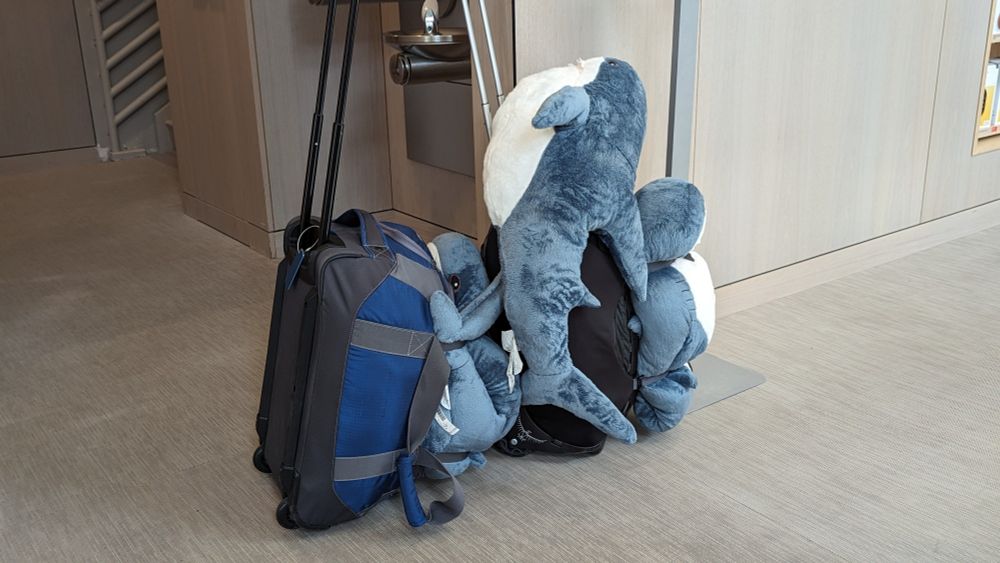 A photo of a pile of suitcases with a pile of squished sharks on top