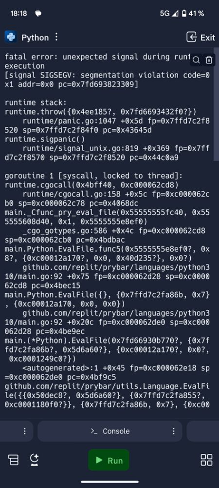 a mobile screenshot of a terminal with an incomprehensible error message
