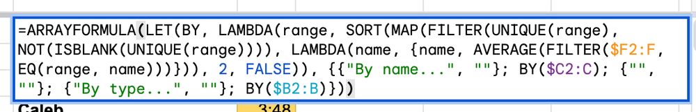 A Google Sheets formula: =ARRAYFORMULA(LET(BY, LAMBDA(range, SORT(MAP(FILTER(UNIQUE(range), NOT(ISBLANK(UNIQUE(range)))), LAMBDA(name, {name, AVERAGE(FILTER($F2:F, EQ(range, name)))})), 2, FALSE)), {{"By name...", ""}; BY($C2:C); {"", ""}; {"By type...", ""}; BY($B2:B)}))