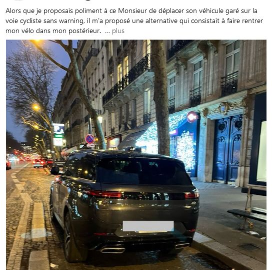 poste linkedin avec photo de SUV sur piste cyclable et message "Alors que je proposais poliment à ce Monsieur de déplacer son véhicule garé sur la voie cycliste sans warning, il m'a proposé une alternative qui consistait à faire rentrer mon vélo dans mon postérieur. "