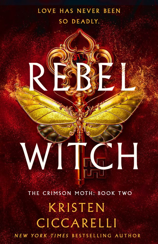 The cover of the book Rebel Witch by Kristen Ciccararelli. An elaborate key sits on a red background with a golden moth perched on it