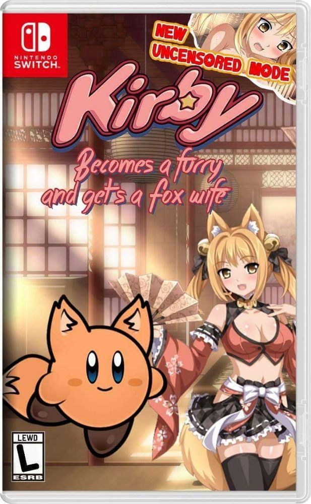 Nintendo Switch box art of "Kirby Becomes a furry and gets a fox wife"
