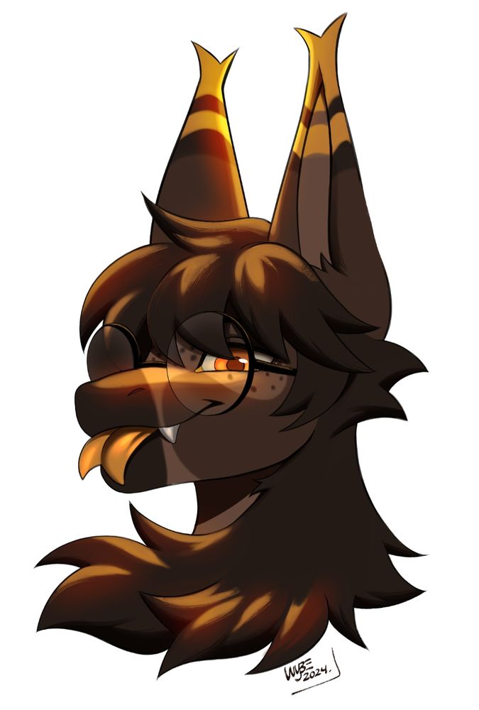 An illustration of a furred dragon bat hybrid sticking their tongue out, illustrated by @wybeborne