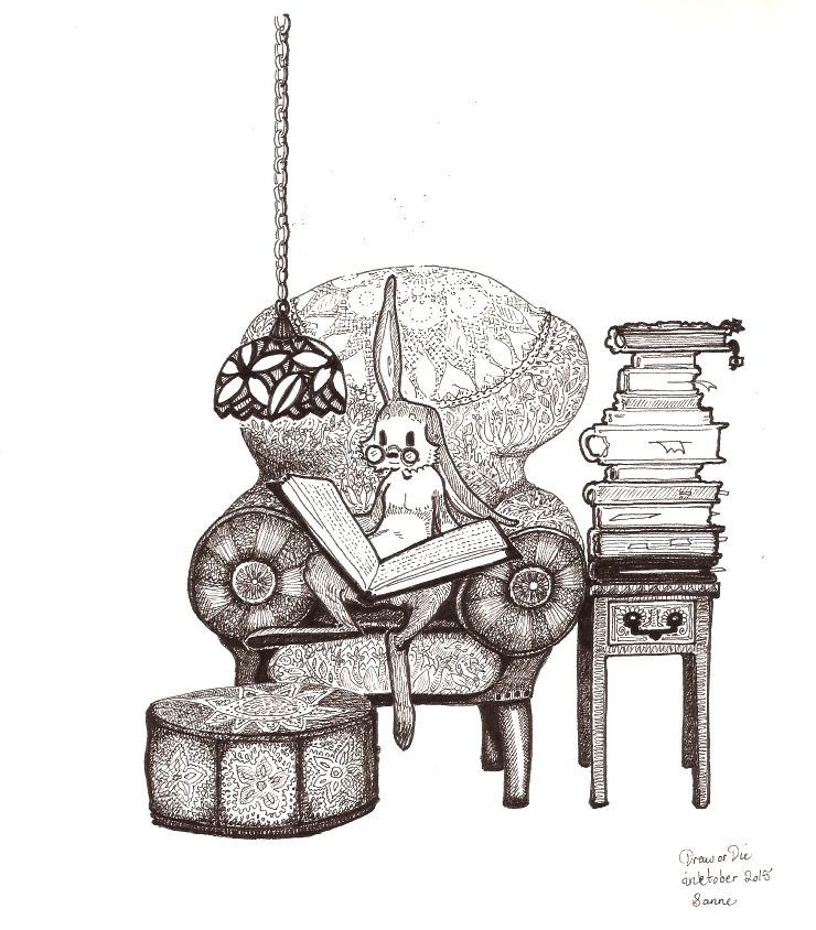 drawing of a rabbit in a wonky chair. Reading.