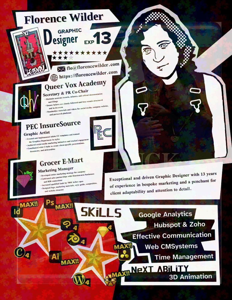 A résumé in the style of Persona 5's art. Features art of Florence Wilder, their contact information, work history, skills, and tool proficiencies.