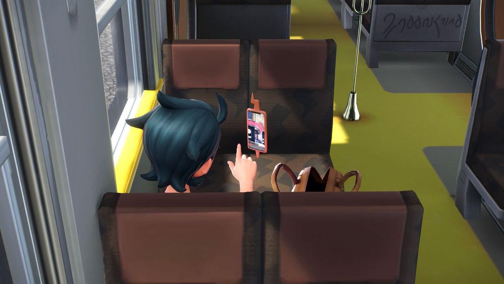A screenshot of the back of the protagonist's head aboard the train to Lumiose in Pokemon Legends: Z-A.