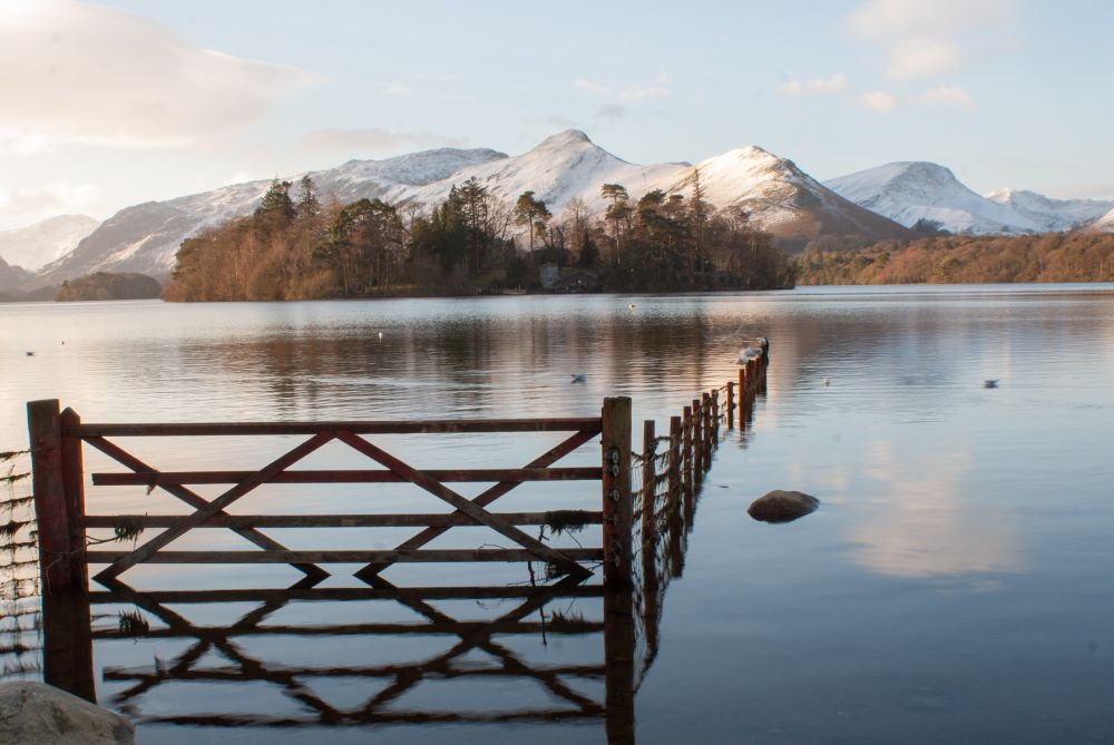 Gate in a lake with fence leading inwards pointing towards snowy mountains