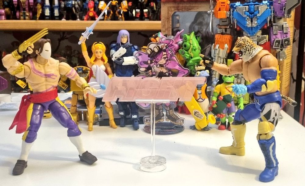 Jada Toys Street Fighter II Vega squaring off against Bandai Game Dimensions Tekken 8 King, with King's 'FIGHT' sign accessory in between them.