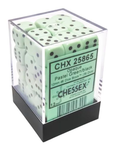 caja de la marca chessex de metacrilato con 36 dados de 6 caras de color verde pastel y los puntos de la numeración en color negro