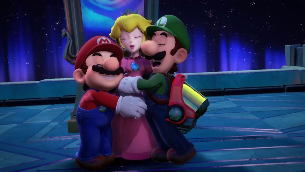 Luigi's Mansion 3 screenshot. Mario and Luigi hugging Peach on a rooftop, floating painting in the background. Night sky with stars and shining lights from the bottom.
