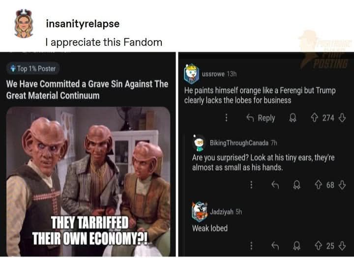 Screenshot from somewhere unknown. The user reposting it comments, "I appreciate this fandom."
The picture on the left is someone having posted "we have committed a grave sin against the Great Material Continuum". Below is a screenshot from Deep Space 9, showing Quark, Rom, and Naug, the three Ferengis, looking aghast. A caption below reads, "They tarriffed their own economy?!".
On the right, comments from 3 different users. First one, "he paints himself orange like a Frenegi, but Trump clearly lacks the lobes for business". Second one, "Are you surprised? Look at his ears, they're almost as small as his hands." Third one, "Weak lobed."