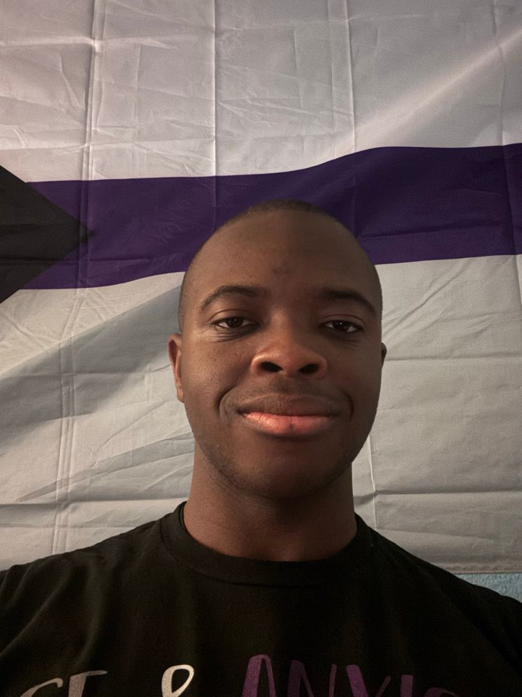 Selfie with the Demisexual Pride Flag in the background 