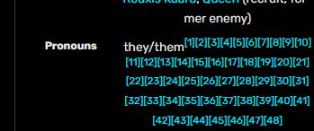 The following image shows kris' pronouns for 48 different citations. This is a reference to people refering to kris as male when they are not.