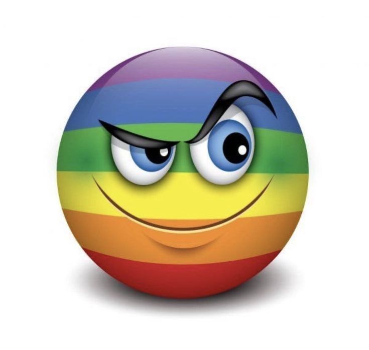 a smirking emoji colored like the rainbow pride flag 