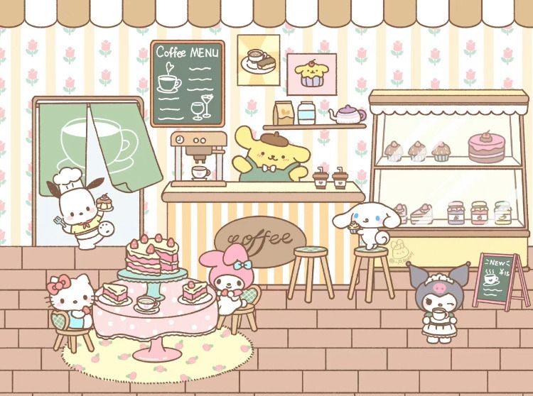 a drawing of a cute coffee shop/cafe filled with sanrio characters like hello kitty, my melody, kuromi, cinnamoroll, pompompurin, and pochacco