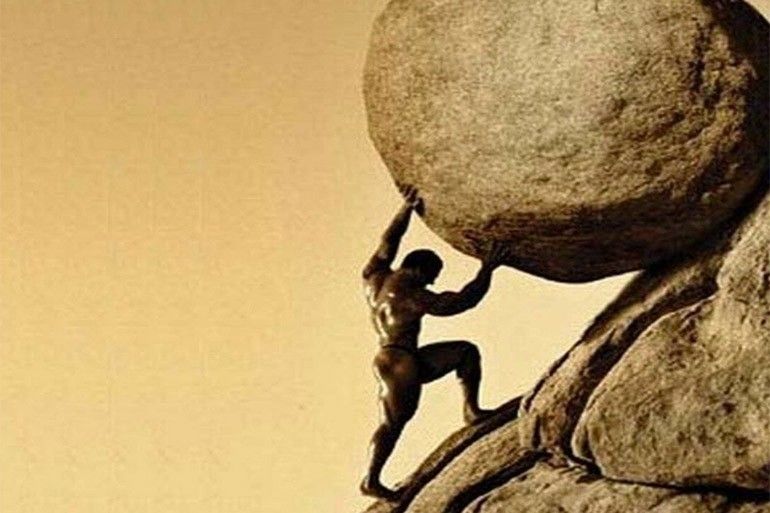 sisyphus pushing the boulder up the hill