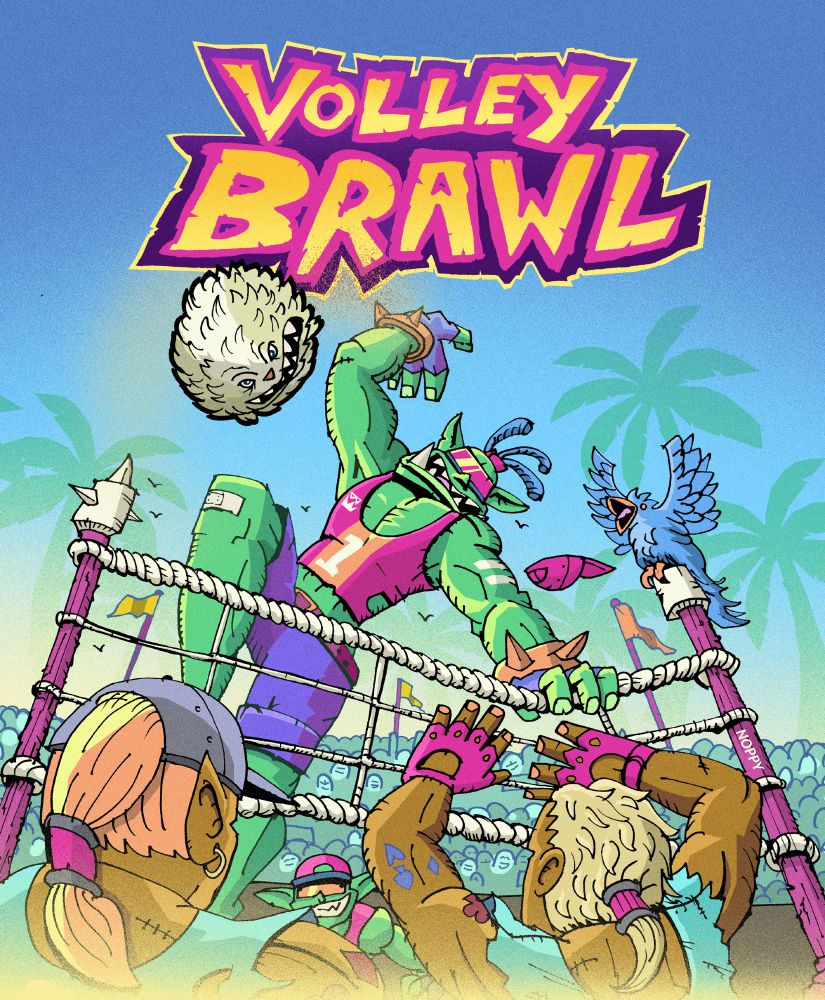 A lively drawing of a fantasy beach volleyuball scene. You see the elves who just managed to bounce up a ball but OH MY a visor clad ripped orc jumps up the net and is ready to slam down the ball. who looks like a haggis? The weather is nice and it all looks intense but FUN. The title screams VOLLEYBRAWL in garish pinks and yellows.