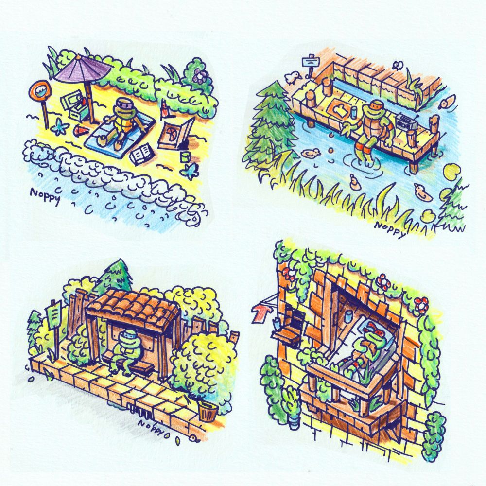 turtle michaelangelo sits at the water.
On a dock. He is feeding some birds. The vibe is mellow.

A peaceful isometric loose hand drawing. A little Leonardo ninja turtle sits peacefully at a little bus stop. It seems warm. Trees are everywhere. 

A isometric drawing sketch of Donatello sitting peacefully at the beach. he looks peacefully as he sits on his towel. a pizza and a drink are nearby. Behind him are bushes.