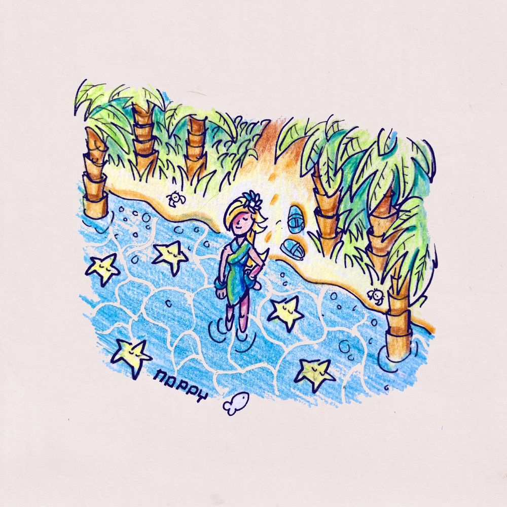 rosalina stands in the water, it looks tropical. Stars are also resting in the water face up.