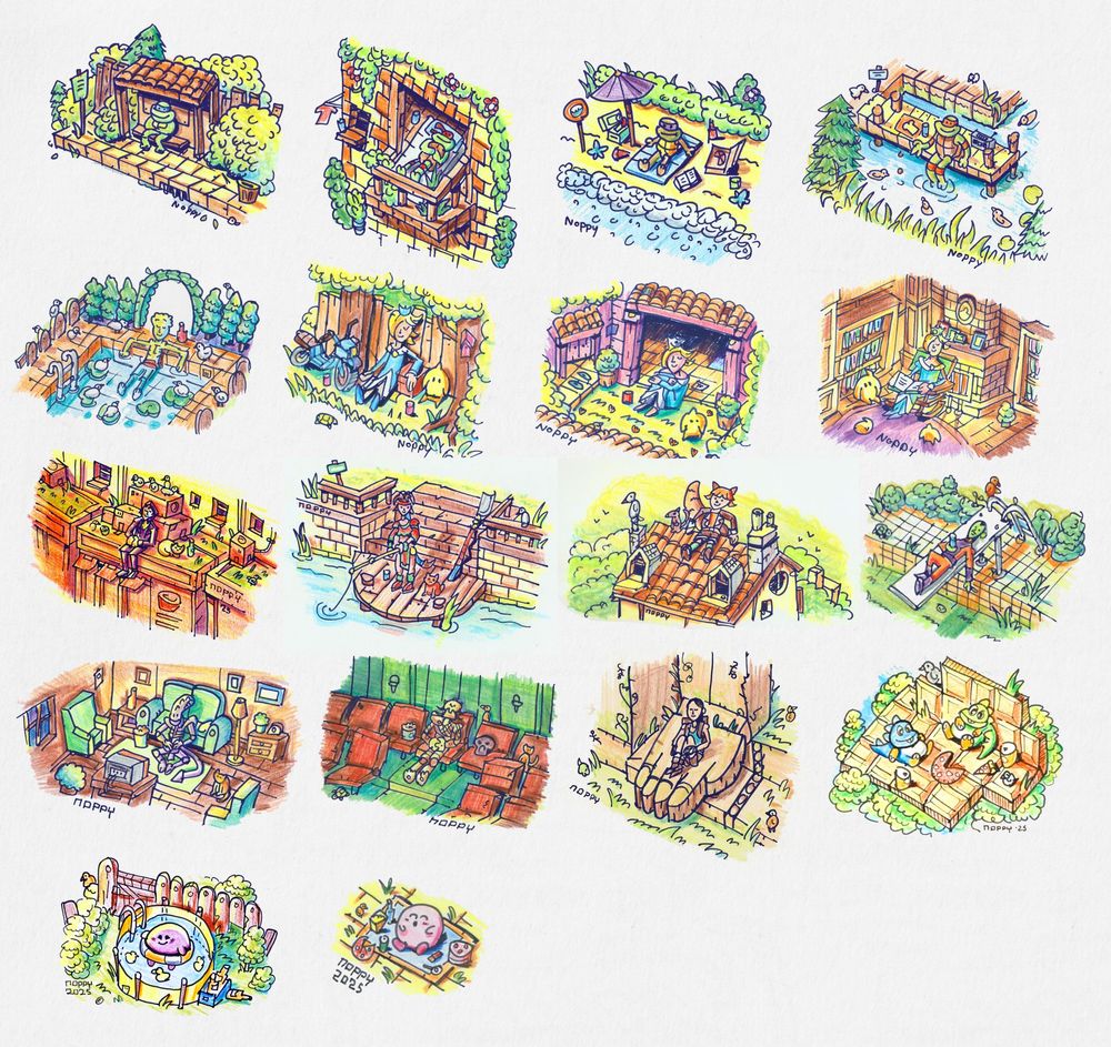 a collection drawings of all kinds of little dioramas of little guys chilling, All in their own little set piece.