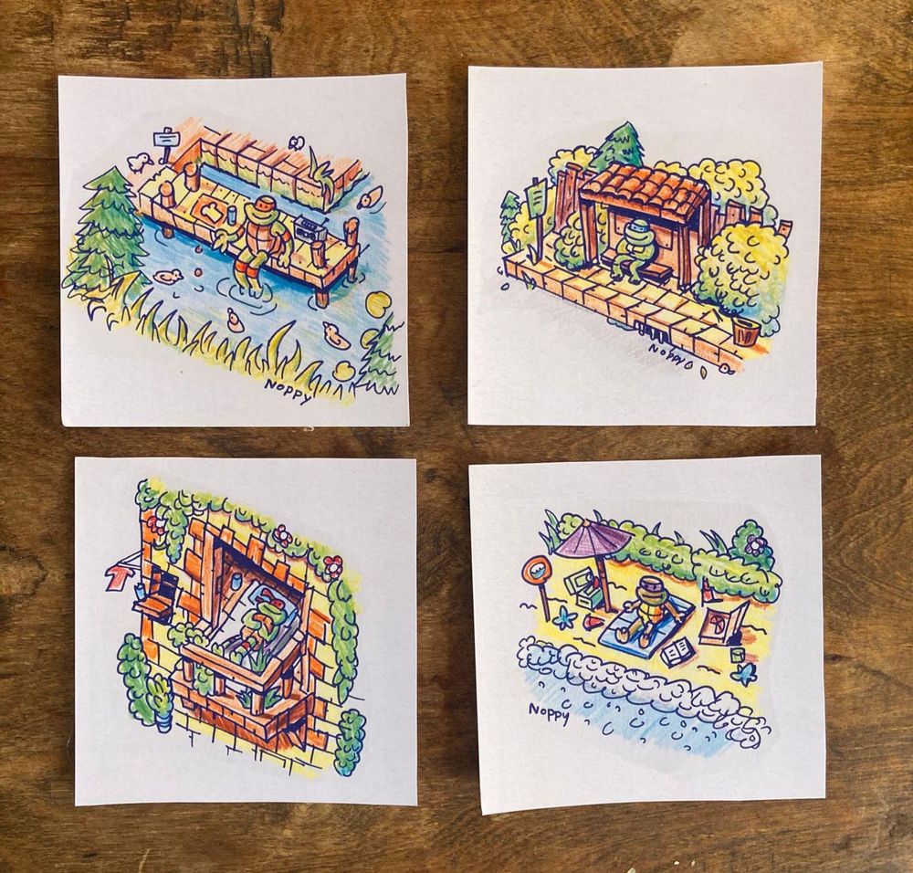 4 drawings of little turtles chilling. each in their own place.  The drawings are made by pen and colored with coloring pencil.
