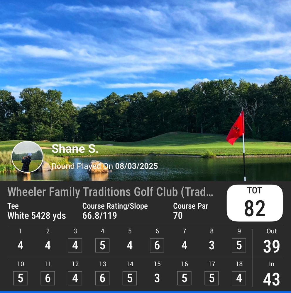 A screenshot of my scorecard from today’s round of golf at Wheeler Family Traditions. Front 9: 39 Back 9: 43