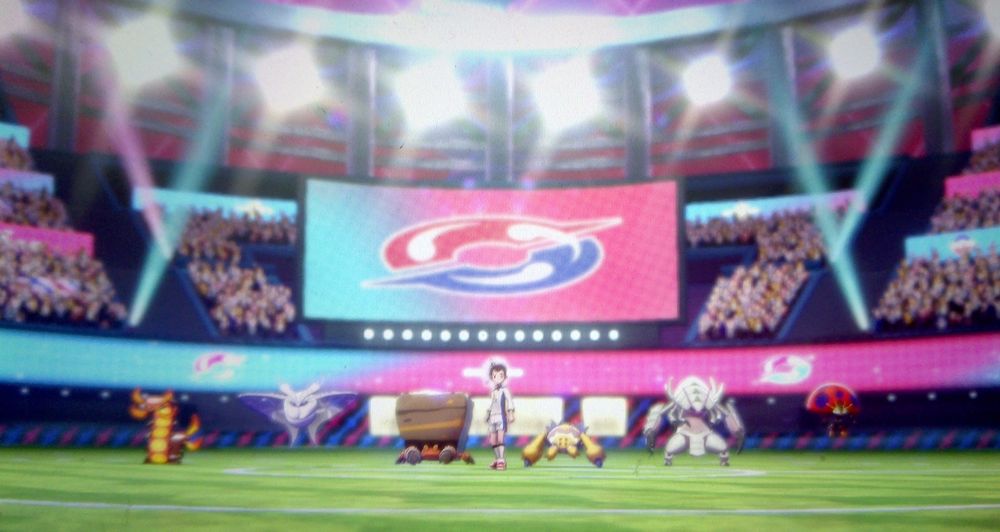 Fondo del Menú de Inicio del Pokémon Escudo antes de que salgan ni el logo ni los menús. En él se ve el interior de un estadio y, en la cancha, el personaje protagonista con sus seis Pokémon, tres a su izquierda y tres a su derecha.

De izquierda a derecha vemos a Centiskorch, Frosmoth, Crustle, Avatar masculino del juego, Galvantula, Golisopod y Orbeettle.