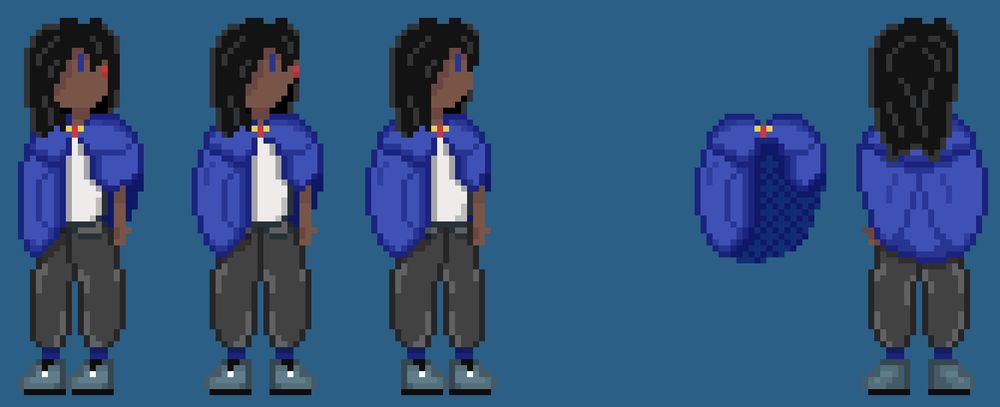 Pixel art of my OC Freja. One front facing sprite, two 2/3rd sprites, and one back facing sprite. Along with one that's just the cloak on her design by itself.