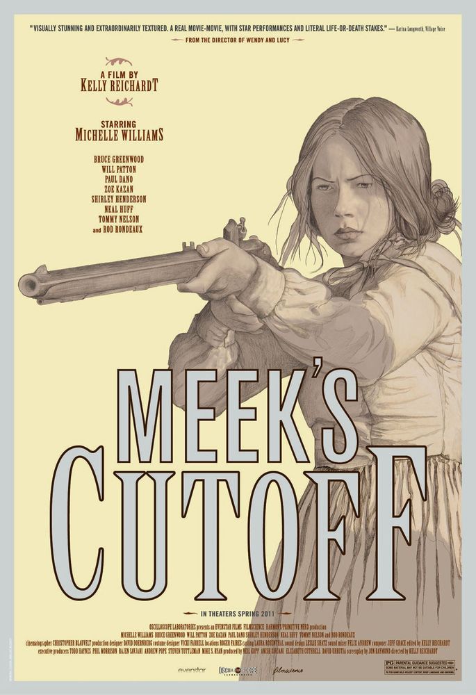 A poster for Kelly Reichardt's Meek's Cutoff featuring a pencil drawing of Michelle Williams standing behind the title of the movie, pointing a rifle toward the viewer's left 