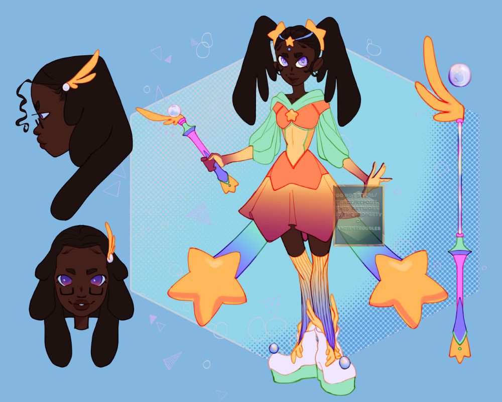 A Black Magical Girl Character design. She’s dressed in gold star and wing motifs. Her dress ranges from blues to yellows to reds. She holds a magical staff with a pearl set atop it.