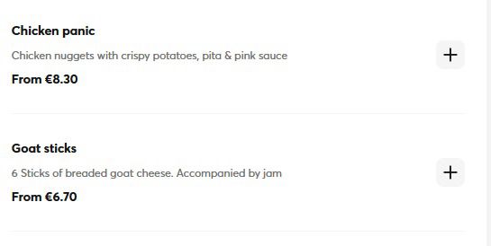 Image shows a screenshot of an online menu translated by Google: reads: chicken panic - chicken nuggets with crispy potatoes, pita, and pink sauce. Goat sticks. Six sticks of breaded goat cheese. Accompanied by jam.